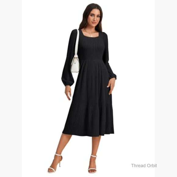 Long Sleeve Ribbed Knit Sweater Dress, Square Neck Tiered A-Line Fall Winter - Picture 6 of 6